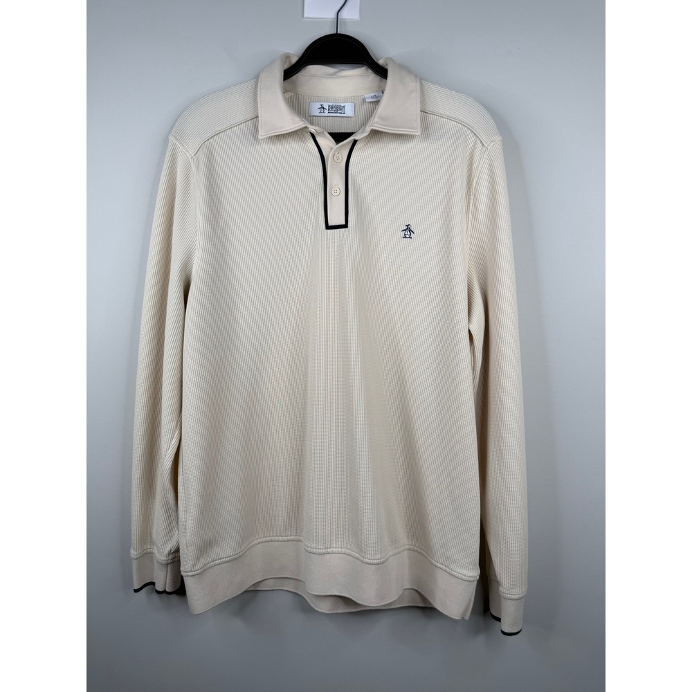 Original Penguin Mens Long Sleeve Waffle Knit Polo Shirt Cream Off White Large